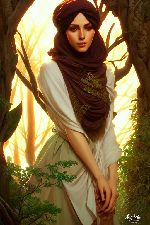 Image similar to beautiful digital painting of a stylish arabian female forest with high detail, 8 k, stunning detail, works by artgerm, greg rutkowski and alphonse mucha, unreal engine 5, 4 k uhd