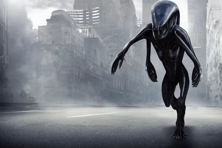 Image similar to an amazing award winning photo of an alien on the run in a unknown alien city, cinematic