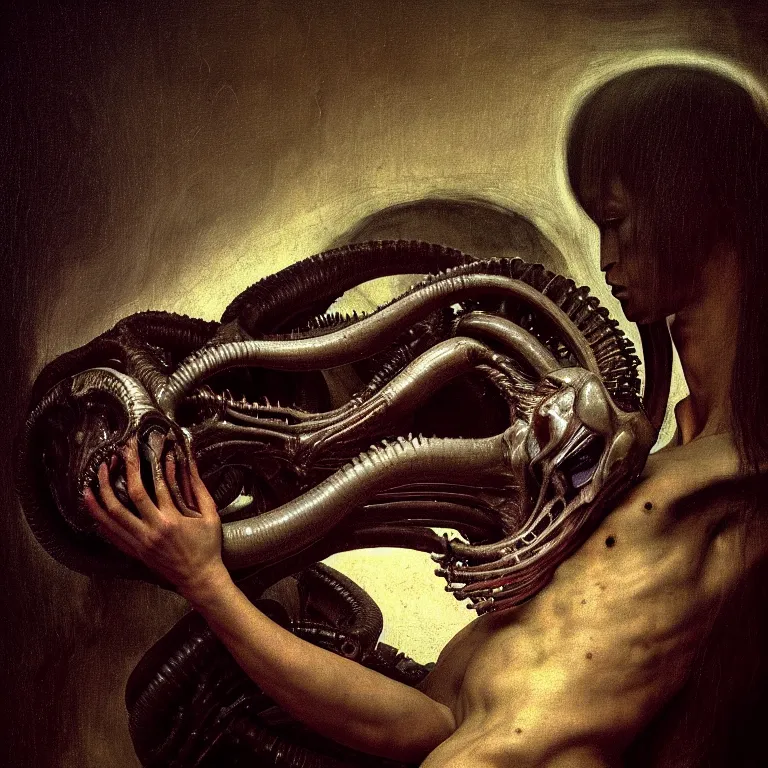 Image similar to portrait of a beautiful man kissing xenomorph by hieronymus bosch, soft bloom lucid dream - like ethereal dark atmosphere, baroque portrait painting, perfect composition, intricate detailed octane render trending on artstation, 8 k artistic photography, volumetric cinematic perfect light, chiaroscuro, masterpiece, raphael, caravaggio, rutkowski, beeple, beksinski