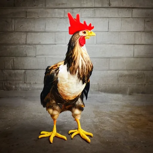 Prompt: chicken dressed as an inmate, real photography, police statiom