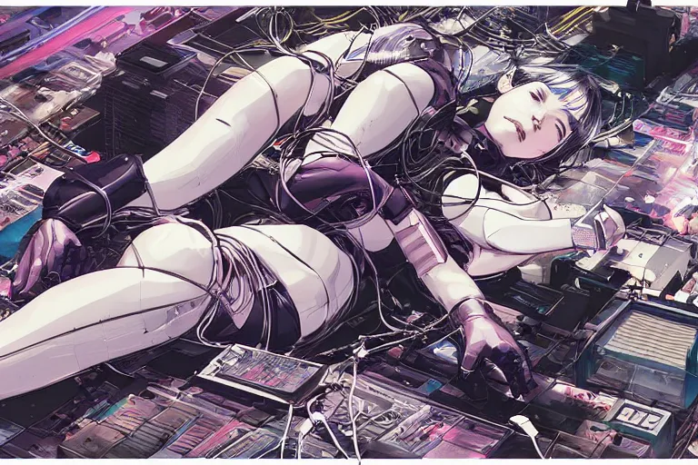 Prompt: a finely composed cyberpunk illustration of a group of white female androids' in style of hajime sorayama, lying on an abstract, empty, white floor with their body parts scattered around and cables and wires coming out, by katsuhiro otomo and masamune shirow, hyper-detailed, colorful, view from above, wide angle, close up, spacious