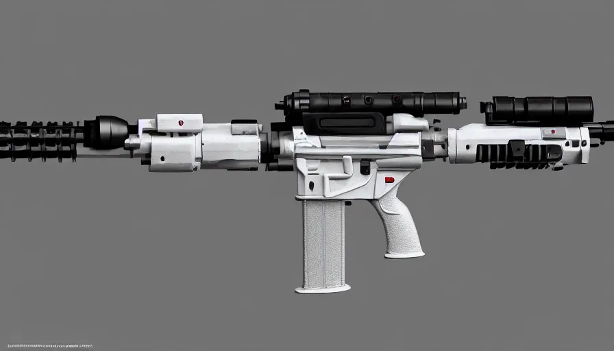 Image similar to extremely detailed ultra realistic photographic side view sci fi minimalist coilgun rifle, detailed trigger, chemically propelled, electric, smooth streamline, elegant sleek smooth body, white paint, battery and wires, railgun, chemrail, gauss, smooth utopian design, ultra high quality, octane, cod, destiny, warframe, terminator