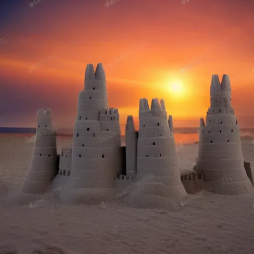 Image similar to enormous sand castle at sunset in the beach, photorealistic