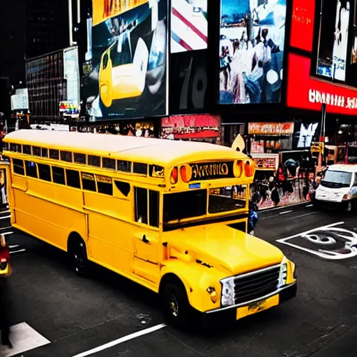 Image similar to yellow school bus being swallowed by giant snake, time square, cinematic, dramatic, film still