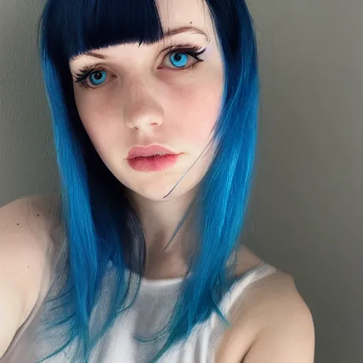 Image similar to a pale girl with blue hair, sideswept bangs, soft facial features, looking directly at the camera, neutral expression, instagram picture