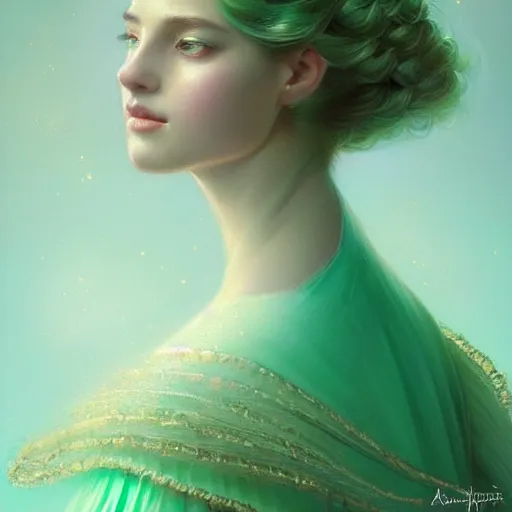 Image similar to Portrait of dreamy and ethereal women with light green eyes wearing mint green ornate frilly dress, peaceful expression, fantasy, intricate, elegant, beautiful, digital art, beautiful dynamic lighting, golden ratio, highly detailed, digital painting, trending on artstation, concept art, smooth, sharp focus, illustration, photo realistic, art by artgerm and greg rutkowski and alphonse mucha 8K