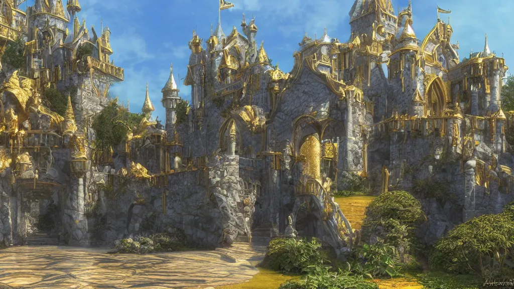 Prompt: entrance of a fabulous marble and gold castle in the sun, surrouoded with mystical gardens, magic clear water, james gurney, unreal engine, artstation