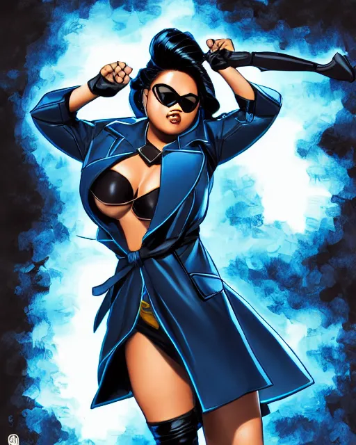 Prompt: thick chubby filipina amihan superhero, long black trench coat, sunglasses, sly grin, fully clothed, exaggerated perspective, flying toward camera, beautiful detailed face, bright blue hair, action pose, comic book style, highly detailed, dynamic shadows, dynamic lighting, geoff johns, jason fabok, jason fabok, brad anderson, splash art