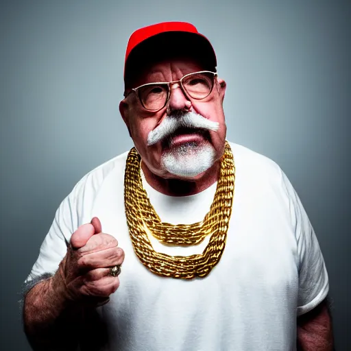 Prompt: dslr portrait photo still of wilfred brimley as a gangsta rapper with gold chains and gold teeth grills growling at camera and showing his teeth, 8 k, 8 5 mm f 1. 8