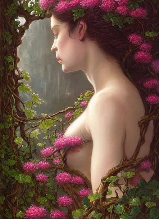 Image similar to beautiful portrait of a great fairy elf, her body wrapped with ivy vines and flowers, dark fantasy, d & d, fantasy, cinematic lighting, intricate, elegant, highly detailed, digital painting, artstation, concept art, matte, sharp focus, illustration, art by artgerm and tom bagshaw and greg rutkowski and alphonse mucha