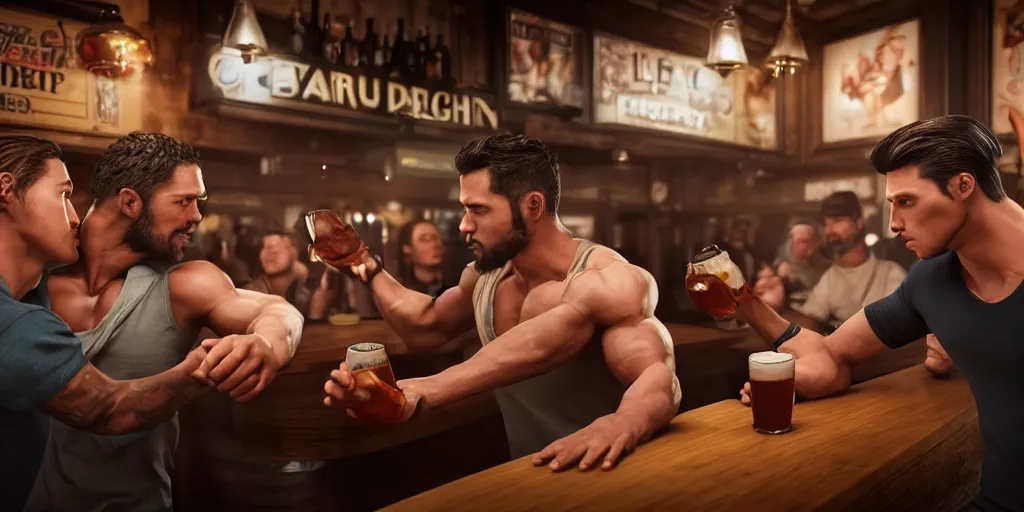 Prompt: a photo of a bar fight inside a pub between attractive people of diverse ethnicities, Leica, symmetrical faces, muscles, detailed faces, accurate faces, 4k, 3D render, hyperrealism, editorial, photorealistic, crisp details, sharp focus, wide angle lens, octane render, cinematic lighting