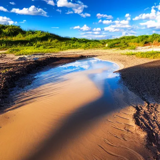 Prompt: photo of a sandy beach along a small clear river, blue sky with some clouds, beautiful lighting, wide lens shot, 30mm, bright colors, award winning photography, national geographic