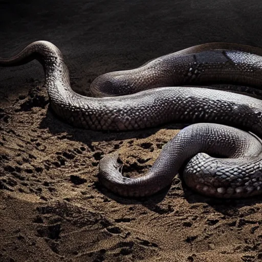 Image similar to huge snake squeezing a dead body inside the grave, dark colors, horror, realistic, sand and gravel