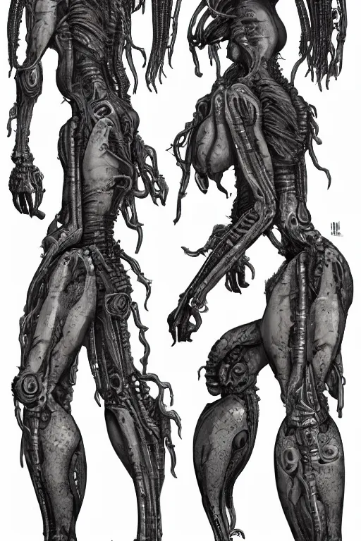 Image similar to cyborg dreadlock mutant with gunmetal grey skin, medical anatomy, very symmetrical face, highly detailed, tentacles mecha implants, three - perspective / three - view reference sheet ( front / back / side ), in the style of dan ouellette, dren from splice, hr giger, sil from species, artstation, unreal engine