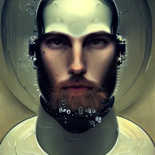 Image similar to portrait of bearded android, coy, circuitry visible in head, in the style of ex machina, karol bak, alphonse mucha, greg rutkowski, award winning, hr giger, artstation