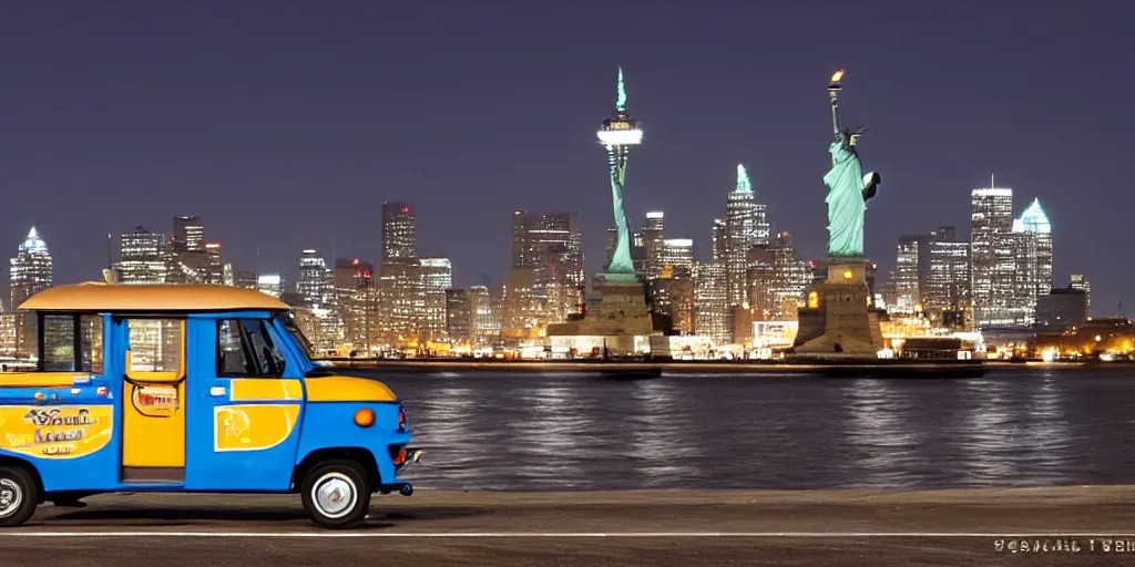 Image similar to a lonely blue tuk tuk with the statue of liberty in the background, night