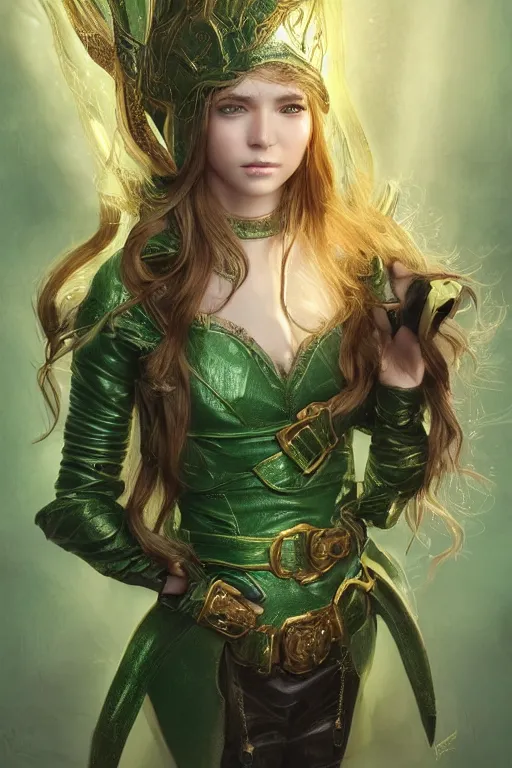 Image similar to a beautiful portrait of a young woman, green elf ranger with long flowing hair and a green leather hood, elf ranger leather armor with green colors and gold lining, young female face, cinematic top lighting, insanely detailed and intricate, face by wlop, Charlie Bowater, golden ratio, symmetric, elegant, ornate, luxury, elite, matte painting, cinematic, trending on artstation, deviantart and cgsociety, 8k, high resolution