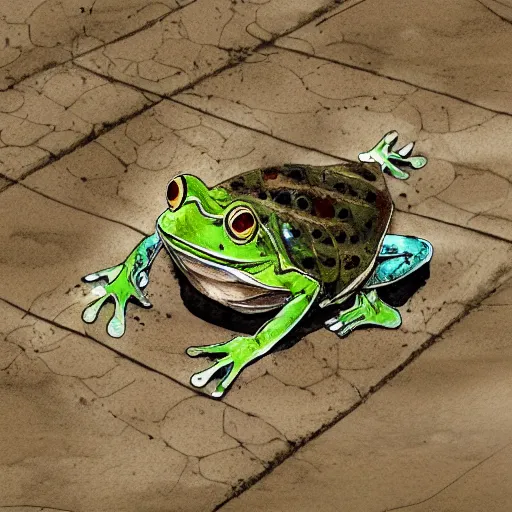 Image similar to samurai frog, low angle, tatsuyuki tanaka, detailed watercolor, back lit, paper texture, movie scene, spot light, texture, brown cobble stones, dust, overhead wires, telephone pole, dusty, dry, pencil marks, hd, 4k, remaster, dynamic camera angle, deep 3 point perspective, fish eye, dynamic scene