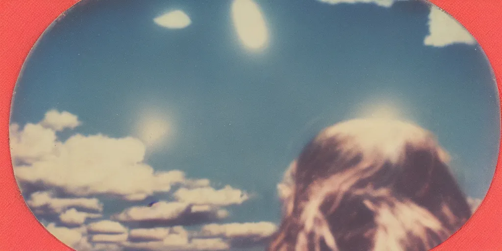 Image similar to vintage polaroid of a beautiful woman spotting a ufo in the sky, seen from behind, detailed clouds, warm azure tones, red color bleed, film grain