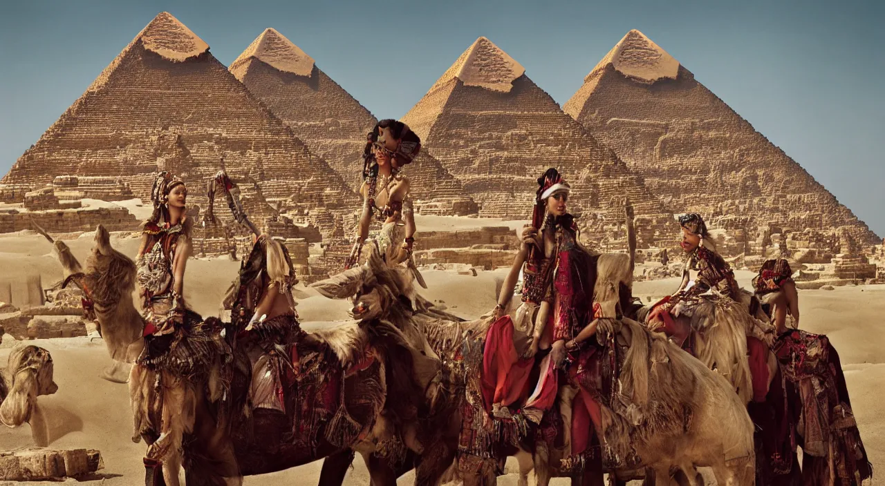 Prompt: fashion editorial portrait by jimmy nelson. on the pyramids, in egypt