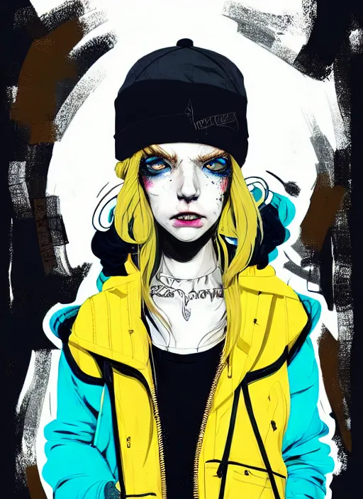 Prompt: highly detailed portrait of a sewer punk lady student, blue eyes, tartan hoody, hat, white hair by atey ghailan, by greg tocchini, by kaethe butcher, gradient yellow, black, brown and cyan color scheme, grunge aesthetic!!! ( ( graffiti tag wall ) )