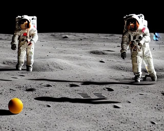 Image similar to two astronauts playing basketball on the surface of moon