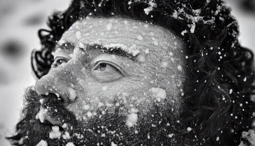 Prompt: 1 9 6 0 s movie still close up of marcus aurelius dirty face frozen to death under the snow on a river's shore with gravel, pine forests, cinestill 8 0 0 t 3 5 mm b & w, high quality, heavy grain, high detail, texture, dramatic light, anamorphic, hyperrealistic, detailed hair foggy