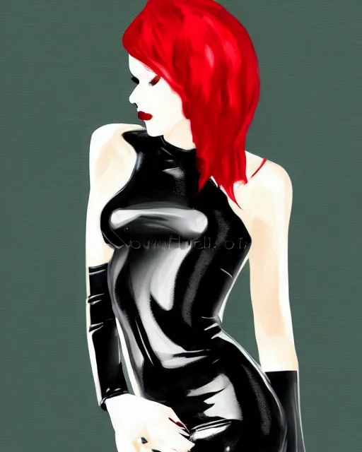 Prompt: Digital painting of a female model posing in a black latex dress, gothic, short red hair, black and red tones, dramatic background