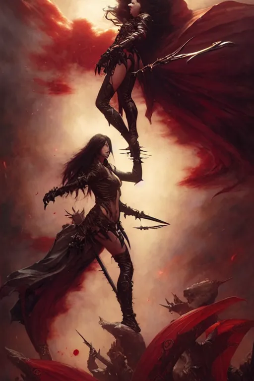 Image similar to powerful female vampire warrior by raymond swanland, gaston bussiere, simon bisley, anna podedworna, ayami kojima, greg rutkowski, maxim verehin