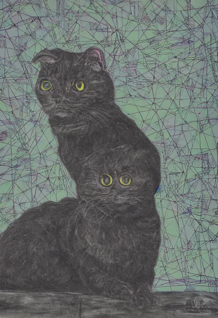 Image similar to cfa champion dark tortie scottish fold cat, framed in a window, watching a bird, data visualization perfect geometry bezier mathematical diagrams hologram overlay revealing sparrows flight trajectory calculation, detailed annotated painting, dark grisaille fluorescent color airbrush spraypaint accents, by jules julien, wes anderson, hannah af klint, black paper risograph 4 k