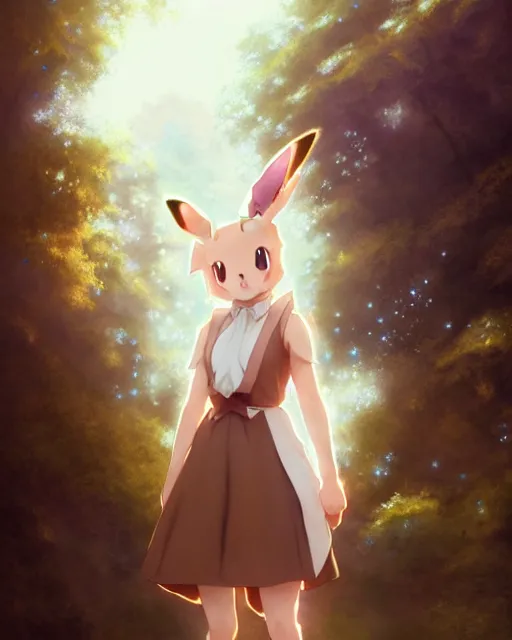 Prompt: photo of eevee pokemon humanisation, in lace brown dress, film still, dslr, by greg rutkowski, ross tran, artgerm, wlop glossy skin, pearlescent, very coherent, cute