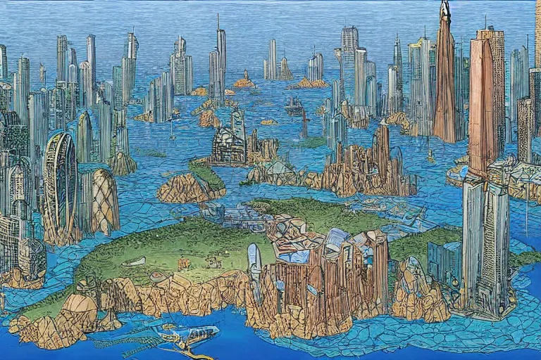 Image similar to a metropolis built on a island floating above the sea in the sky, waterfalls fall from the island into the sea, by moebius, colorful, highly - detailed, concept art