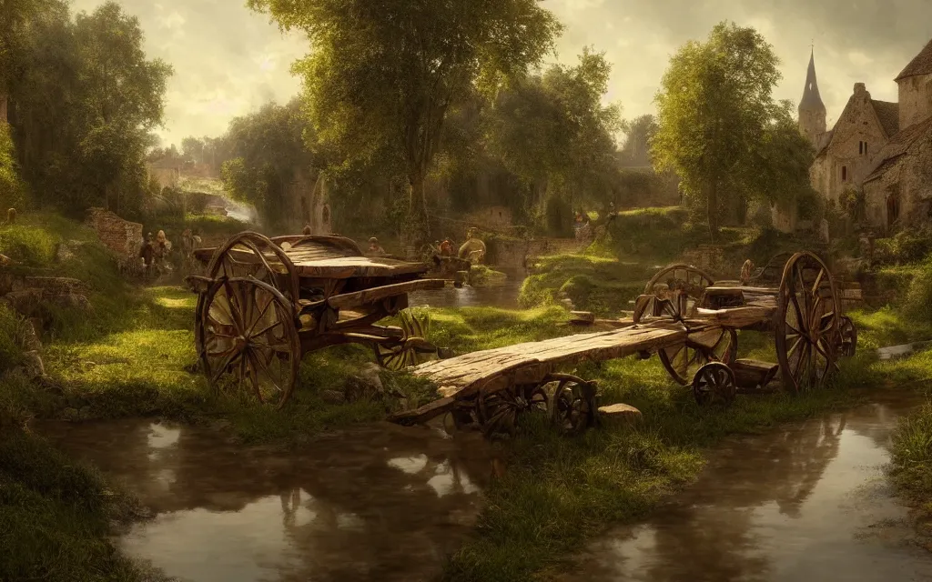 Prompt: an old wooden cart, in the background a medieval french village, a stream on the side, reflections, cinematic lighting, perfect composition, 4 k, gustave dore, derek zabrocki, greg rutkowski, belsinski, octane render, fantasy