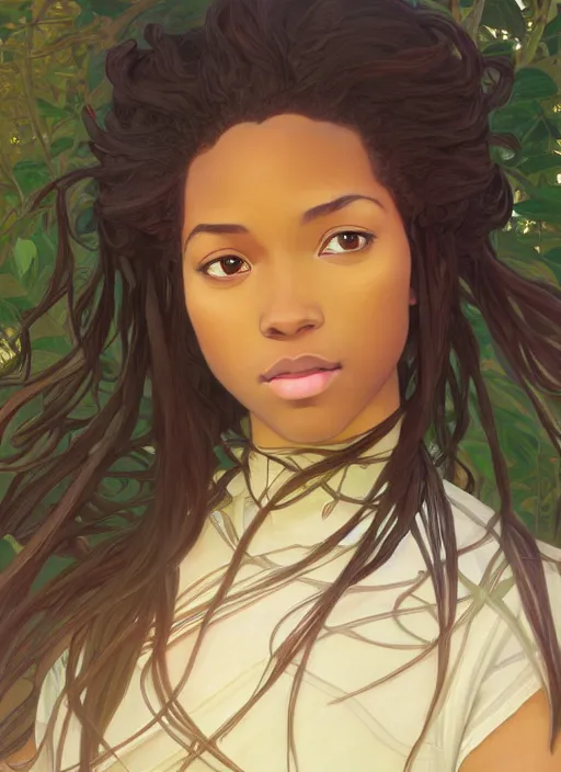 Image similar to pretty young black woman with shoulder length hair, path traced, highly detailed, high quality, digital painting, by studio ghibli and alphonse mucha, leesha hannigan, makoto shinkai, disney