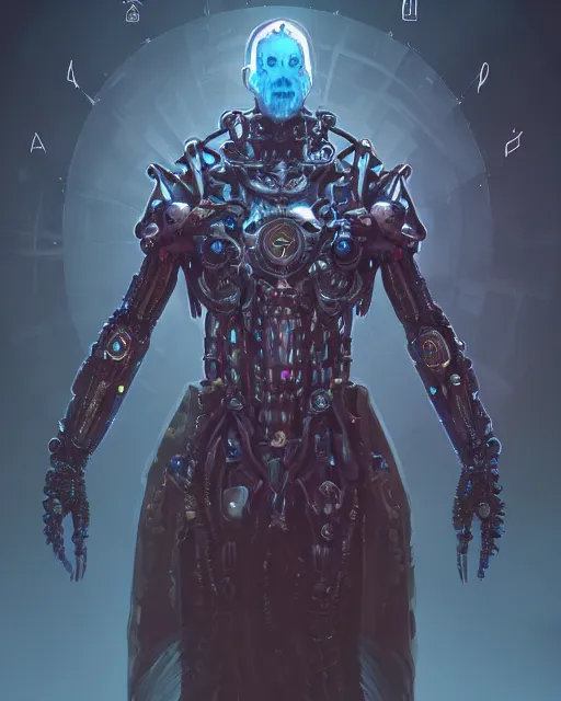 Image similar to benevolent android necromancer, alien priest, artificial intelligence, scifi, futuristic, highly detailed, trending on artstation, advanced technology, art by vitaly bulgarov and nivanh chanthara and lance wilkinson