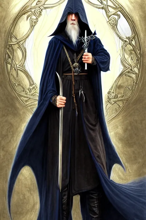 Image similar to handsome mage holding gandalf's staff, long black hair blue eyes wearing leather mantle gothic navy cloak with gold details, castle town, fantasy character portrait, ultra realistic, intricate, elegant, highly detailed, digital painting, artstaion, smooth, sharp, focus, illustration, art by artgerm and greg rutkowski and alphonse mucha