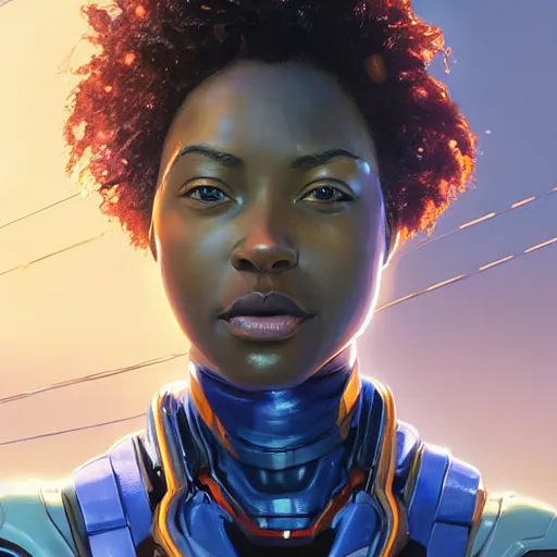 Image similar to highly detailed an african american woman in with the ironman random suit from the future gta v, stephen bliss, unreal engine, fantasy art by greg rutkowski, loish, rhads, ferdinand knab, makoto shinkai and lois van baarle, ilya kuvshinov, rossdraws, tom bagshaw, global illumination, radiant light, detailed and intricate environment