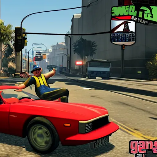 Prompt: a screenshot of GTA V with mario driving a car