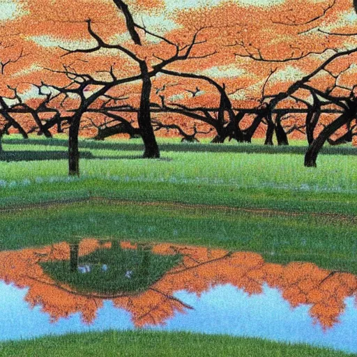 Image similar to A reflective puddle in an orchard, in the style of kawase hasui