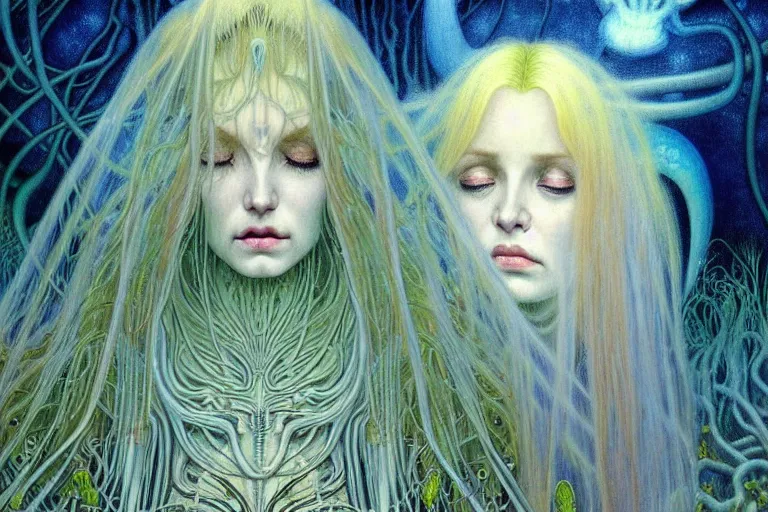 Prompt: realistic detailed portrait painting of a beautiful ghost woman with blond hair crying with an alien, futuristic sci-fi forest on background by Jean Delville, Amano, Yves Tanguy, Alphonse Mucha, Ernst Haeckel, Edward Robert Hughes, Roger Dean, rich moody colours, blue eyes