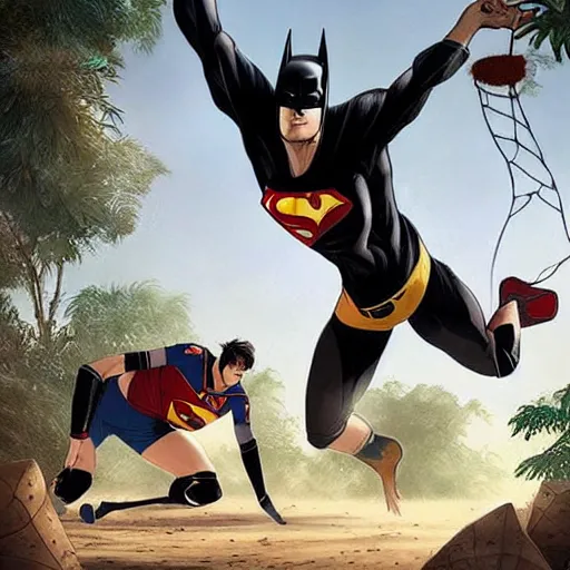 Prompt: batman and superman are playing volleyball in a jungle, volleyball in the air, volleyball net, in the style of greg rutkowski and artgerm, high detail