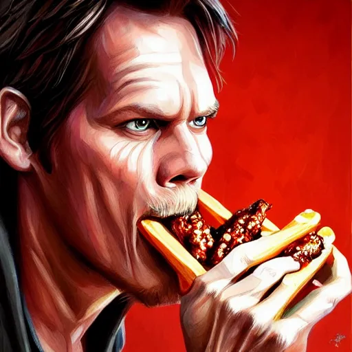 Image similar to Portrait of Kevin Bacon eating hot wings, fantasy, D&D, intricate, highly detailed, digital painting, trending on artstation, sharp focus, illustration, style of Stanley Artgerm