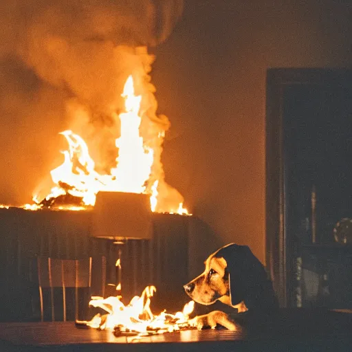 Image similar to a photograph of a big fire on a dining room on fire, only remains a wooden table and a chair (no fire at all there), an human-like relaxed dog sitting at this table, ☕ on the table, surrounded by flames, a lot of flames behind the dog, black smoke instead of the ceiling, no watermark