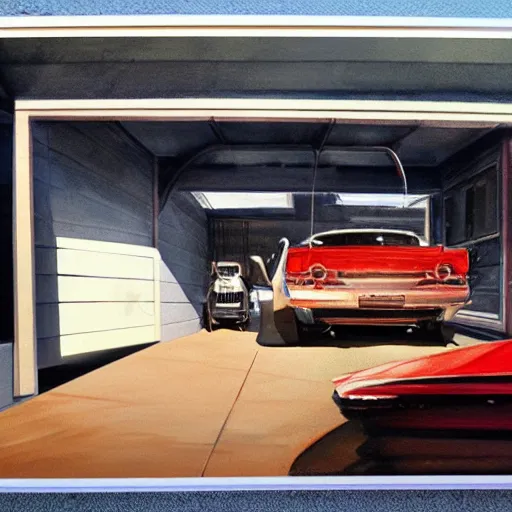 Prompt: detailed details photorealistic pictures of car garage in the style of bob peak and alex ross, gouache and wash paints color, detailed details object proportionate, detailed 5 k details.