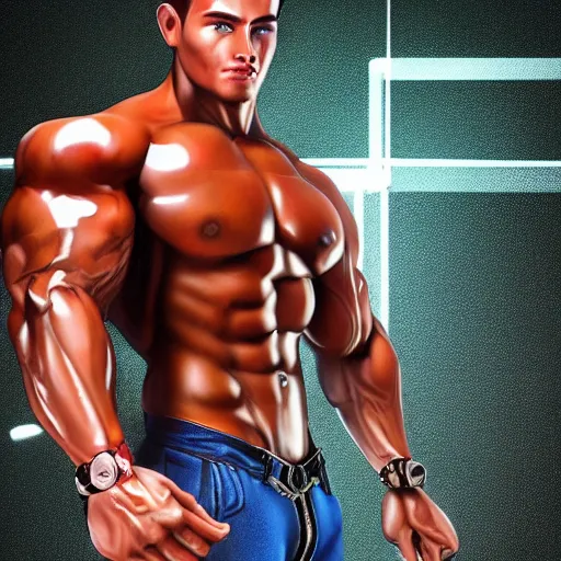 Image similar to a realistic detailed photo of a bodybuilder who is also a male android Chris Redfield, shiny skin, posing robotically, blank stare