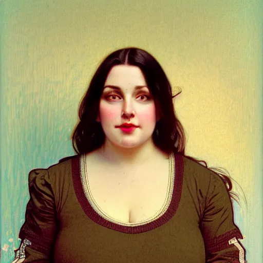 Prompt: A portrait of a plump woman, a cute art neuveau woman with straight brown hair in a Bob, no bangs, brown eyes, full face, olive skin, romanian heritage, medium shot, mid-shot, 8k, by mucha