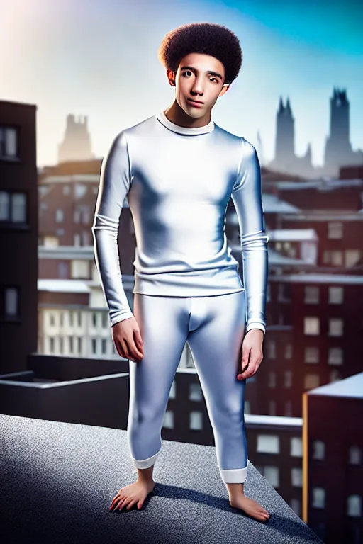 Image similar to un ultra high definition studio quality photographic art portrait of a young man standing on the rooftop of a british apartment building wearing soft padded silver pearlescent clothing. three point light. extremely detailed. golden ratio, ray tracing, volumetric light, shallow depth of field. set dressed.