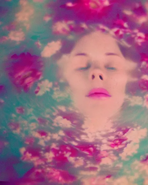 Prompt: oversaturated, burned, light leak, expired film, photo of a woman's serene face submerged in a flowery milkbath, rippling liquid, vintage glow