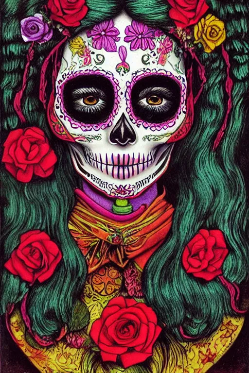 Image similar to Illustration of a sugar skull day of the dead girl, art by Ernst Fuchs