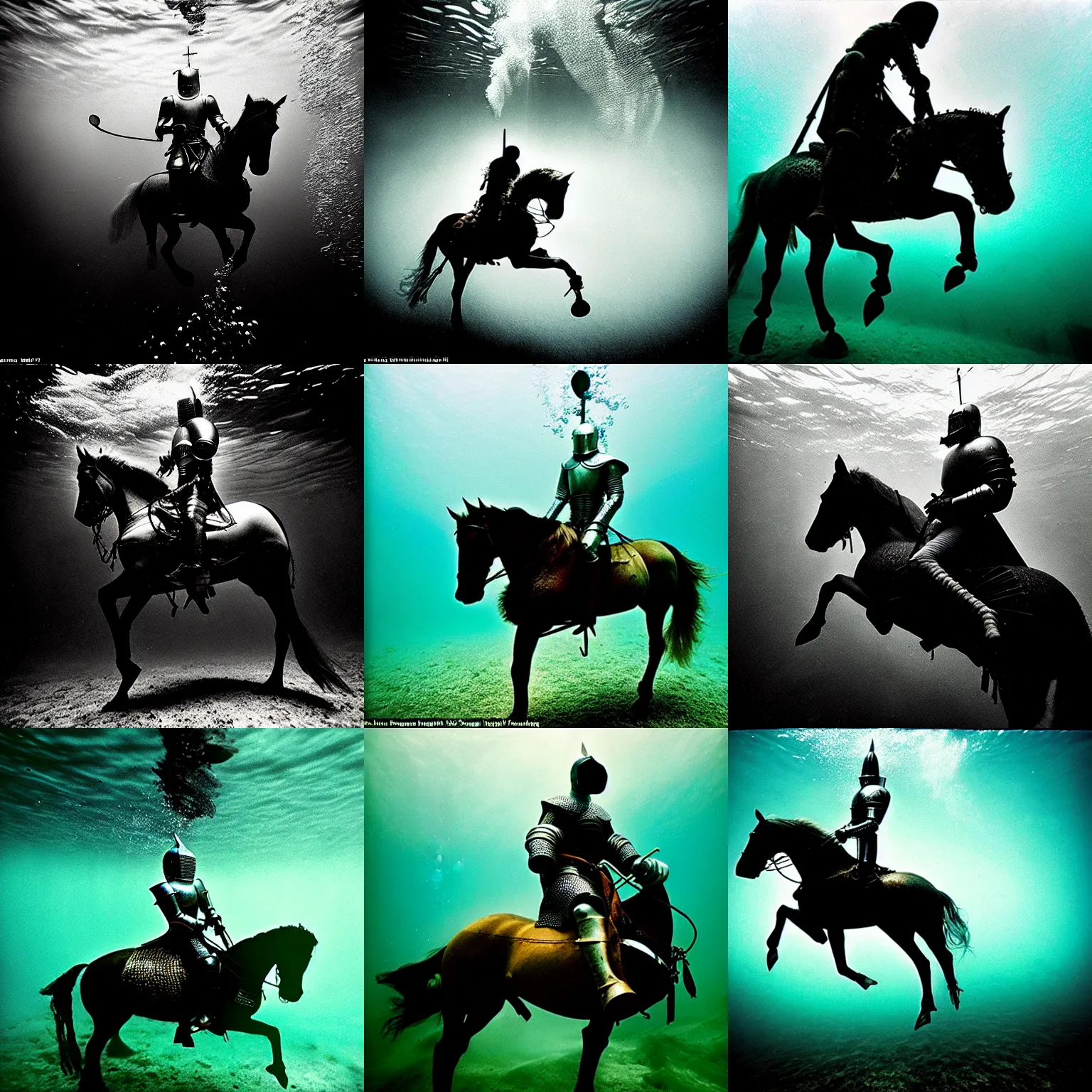 Prompt: Underwater photo of a medieval knight on a horse by Trent Parke, clean, detailed, Magnum photos